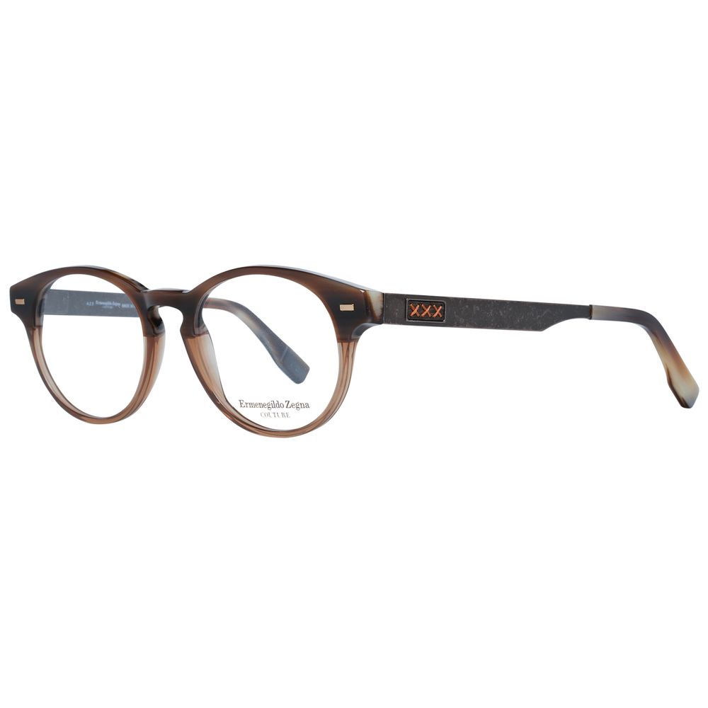 Ermenegildo Zegna Brown Plastic Glasses: round, full-rim men's eyeglasses with a brown gradient plastic frame, black arms, small red logo on the temples, and "Ermenegildo Zegna" branded inside the left lens.