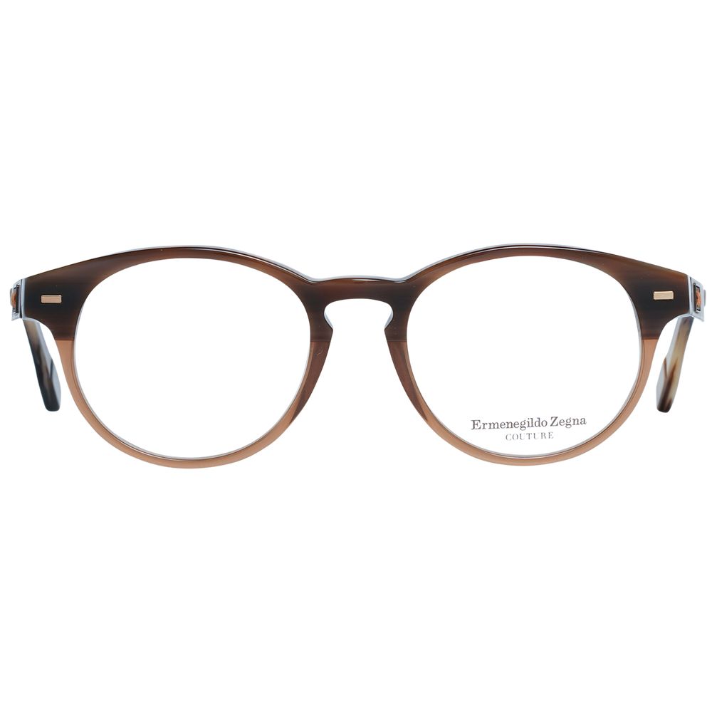 Front view of Ermenegildo Zegna Brown Plastic Glasses (Frames) for men, full-rim brown plastic with clear lenses and the brand name printed on the inner right lens.