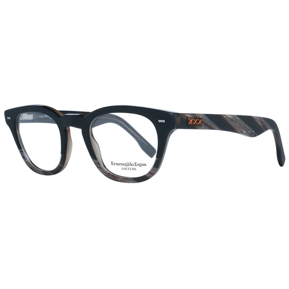 Ermenegildo Zegna Black Plastic Glasses feature dark tortoiseshell full-rim round lenses, thick frames, a subtle orange accent on the temple, and the Ermenegildo Zegna Couture logo on the inner arm.