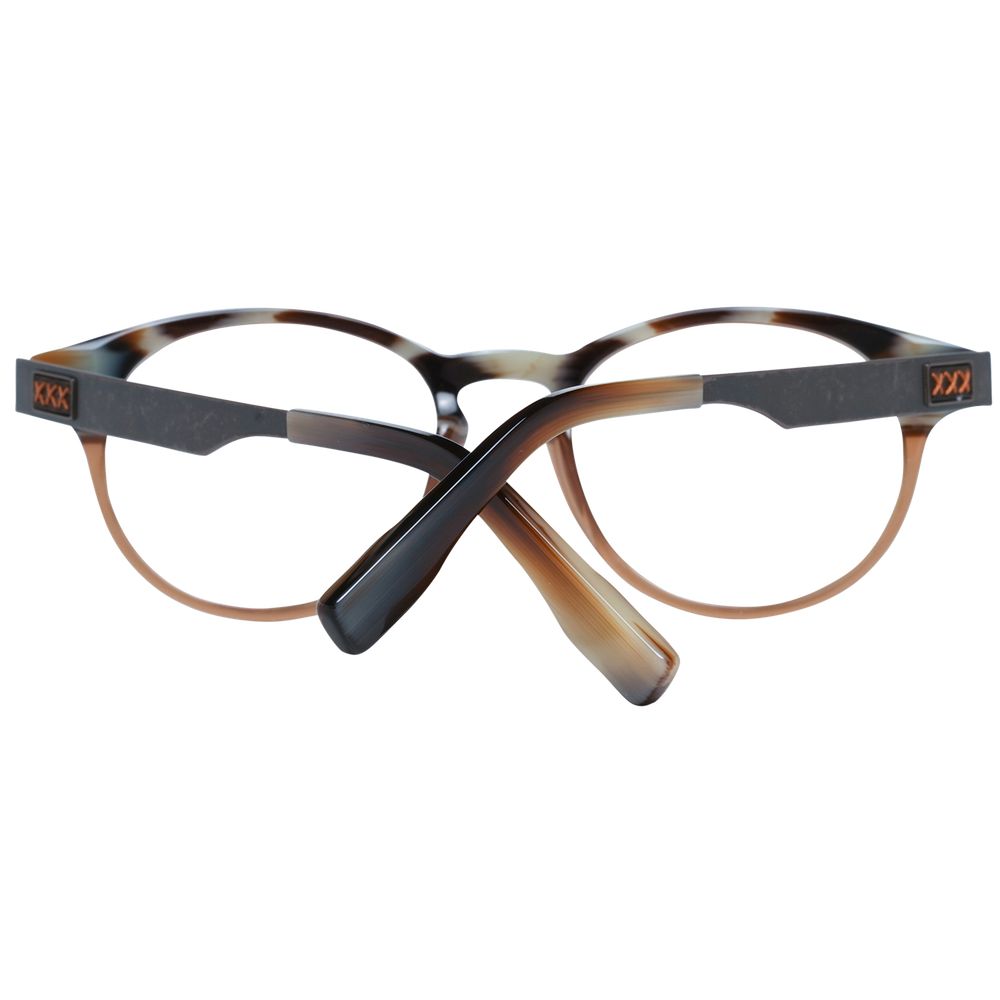 Ermenegildo Zegna Brown Plastic Glasses (Frames) feature full-rim round lenses in a brown and black tortoiseshell style, displayed with the arms crossed in front of the frames on a white background.