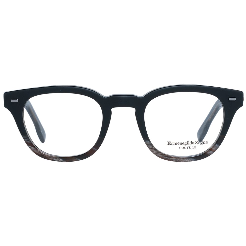 Ermenegildo Zegna Black Plastic Glasses (Frames) feature a full-rim design with slightly rounded square lenses and the Couture logo on the right lens, shown against a white background. Perfect men’s black eyeglasses.