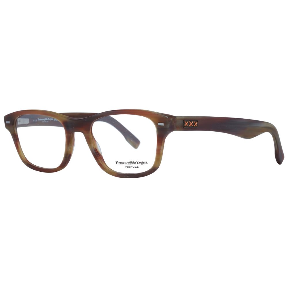 Ermenegildo Zegna Brown Plastic Glasses (Frames) for men feature rectangle tortoiseshell frames, clear lenses, “XXX” in gold on the left temple, and “Ermenegildo Zegna COUTURE” inscribed inside the right lens.