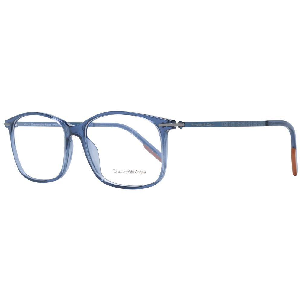 Ermenegildo Zegna Blue Titanium Glasses feature blue rectangular frames, thin metal arms, and orange tips, shown from a side angle on a white background.