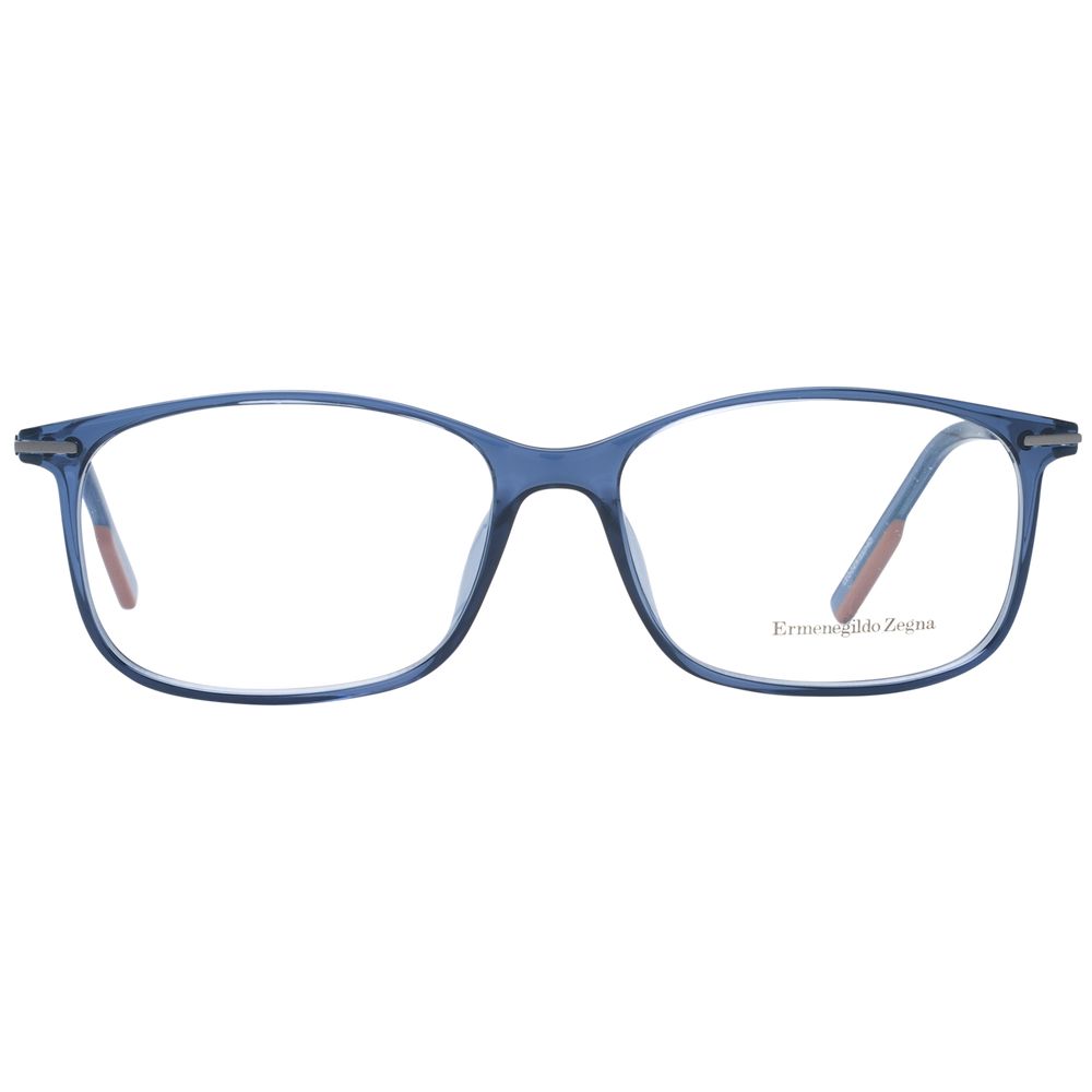 Viewed from the front, the Ermenegildo Zegna Blue Titanium Glasses feature rectangular blue frames with clear lenses, thin arms, and the brand’s logo on the right lens.