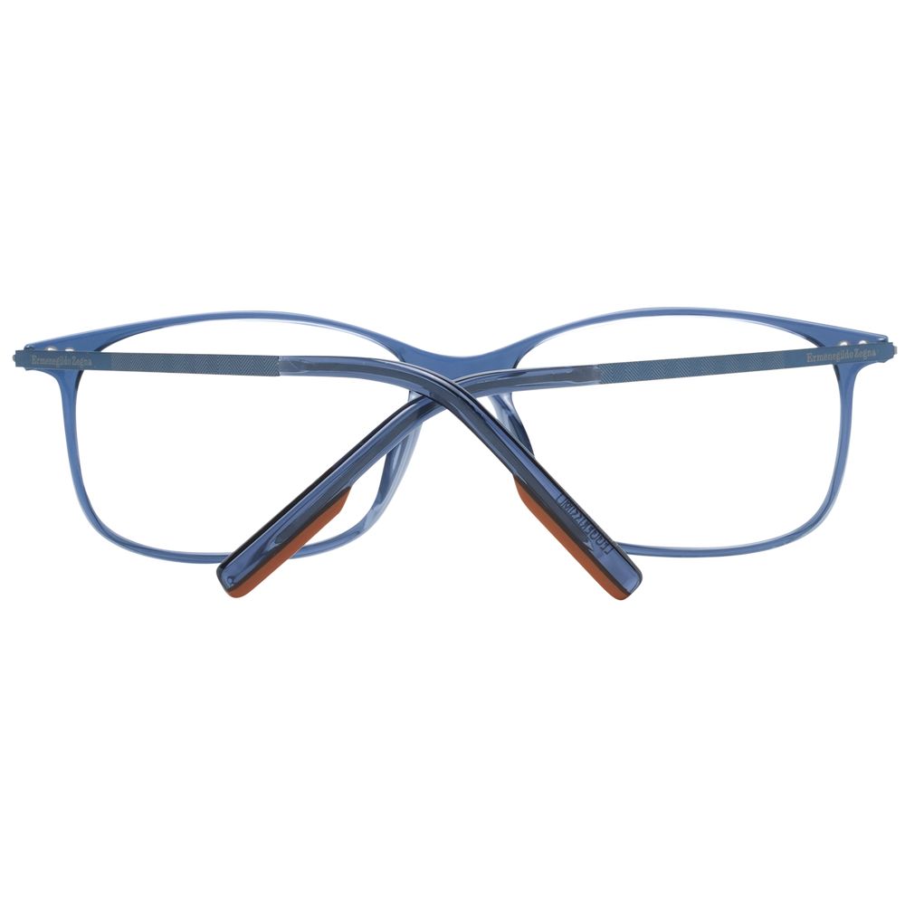 Ermenegildo Zegna Blue Titanium Glasses (Frames) for men feature thin rectangular frames, displayed from the back with crossed arms. The inner sides of the arm tips have a darker shade for added contrast.