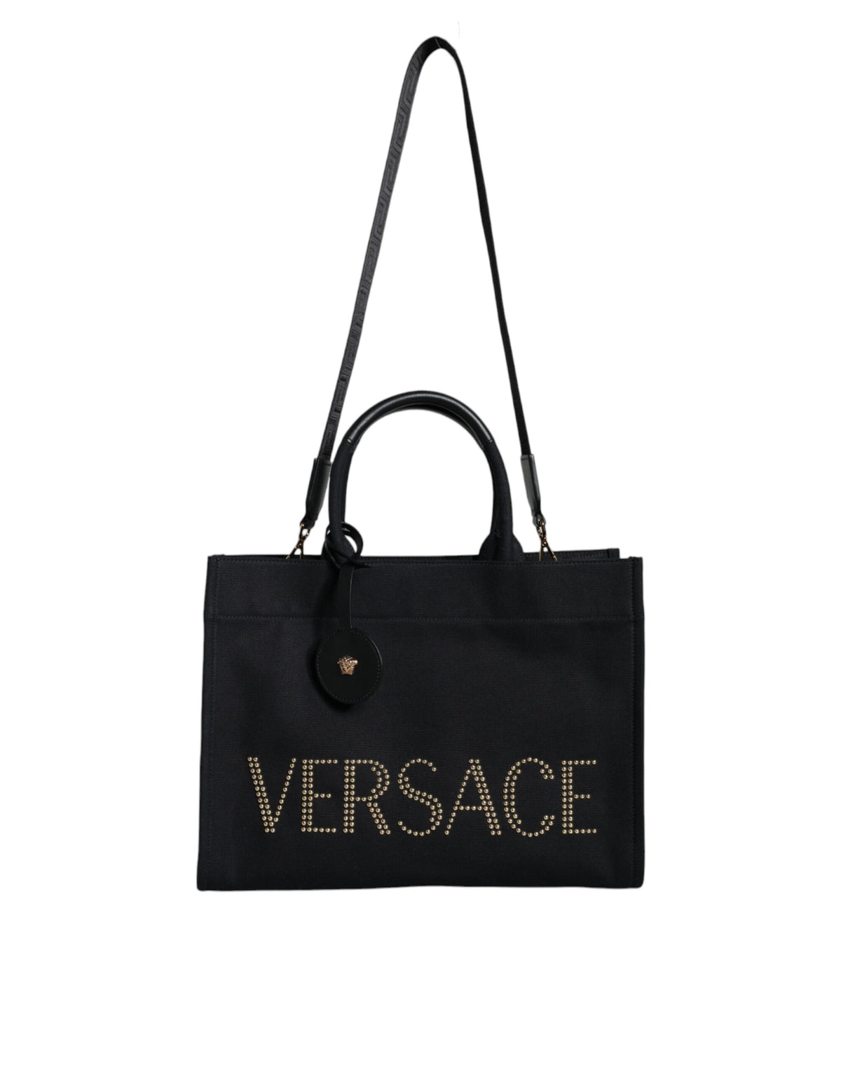 Versace Black Top Handle Canvas Leather Logo Crossbody Tote Bag - BrandFit 88