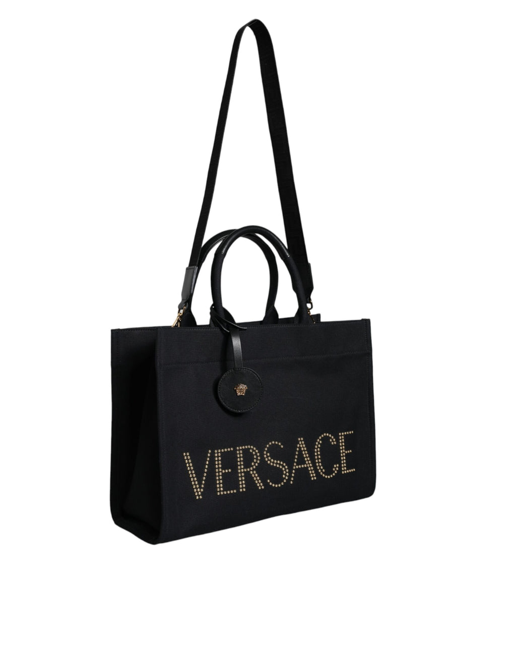 Versace Black Top Handle Canvas Leather Logo Crossbody Tote Bag - BrandFit 88