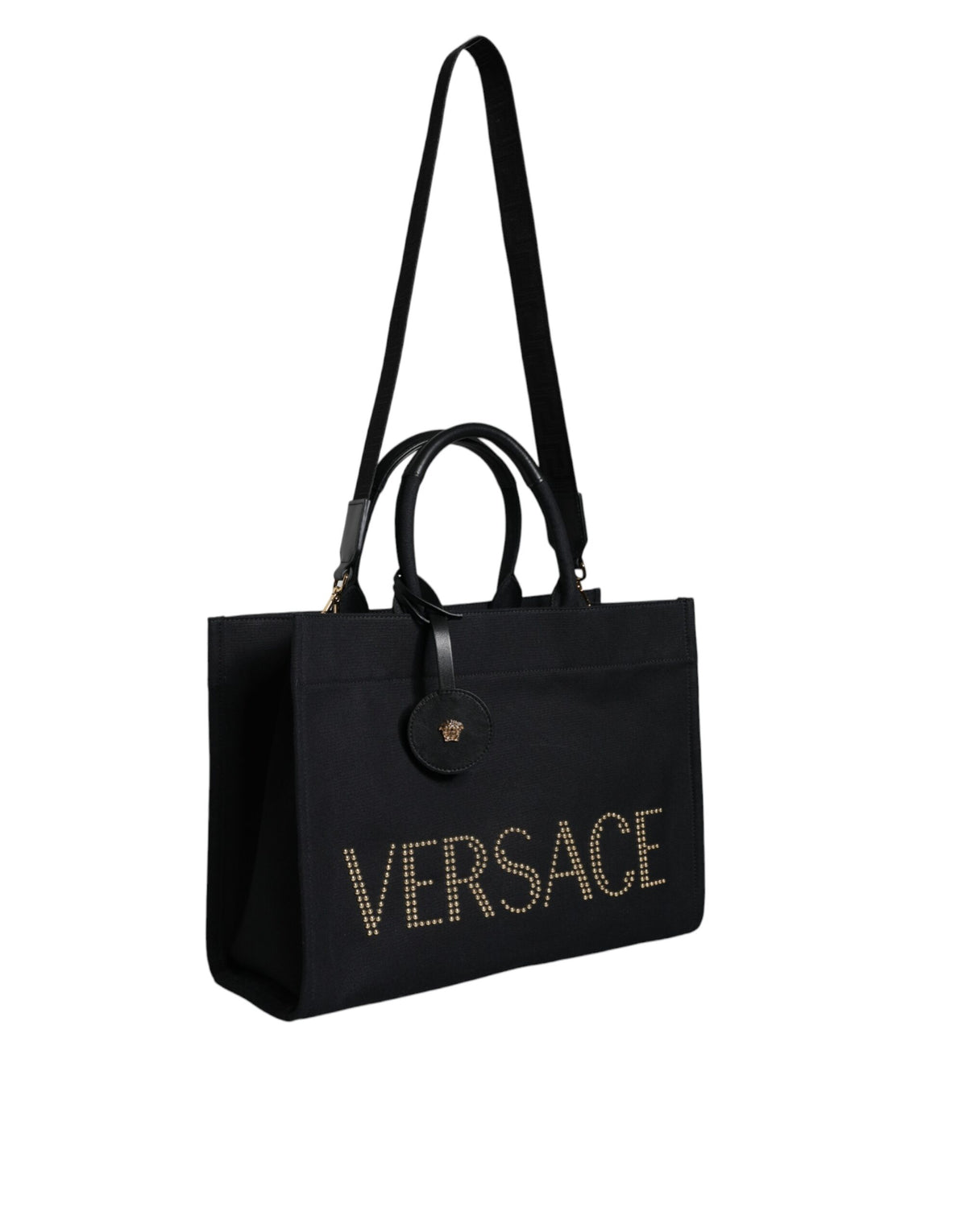 Versace Black Top Handle Canvas Leather Logo Crossbody Tote Bag - BrandFit 88