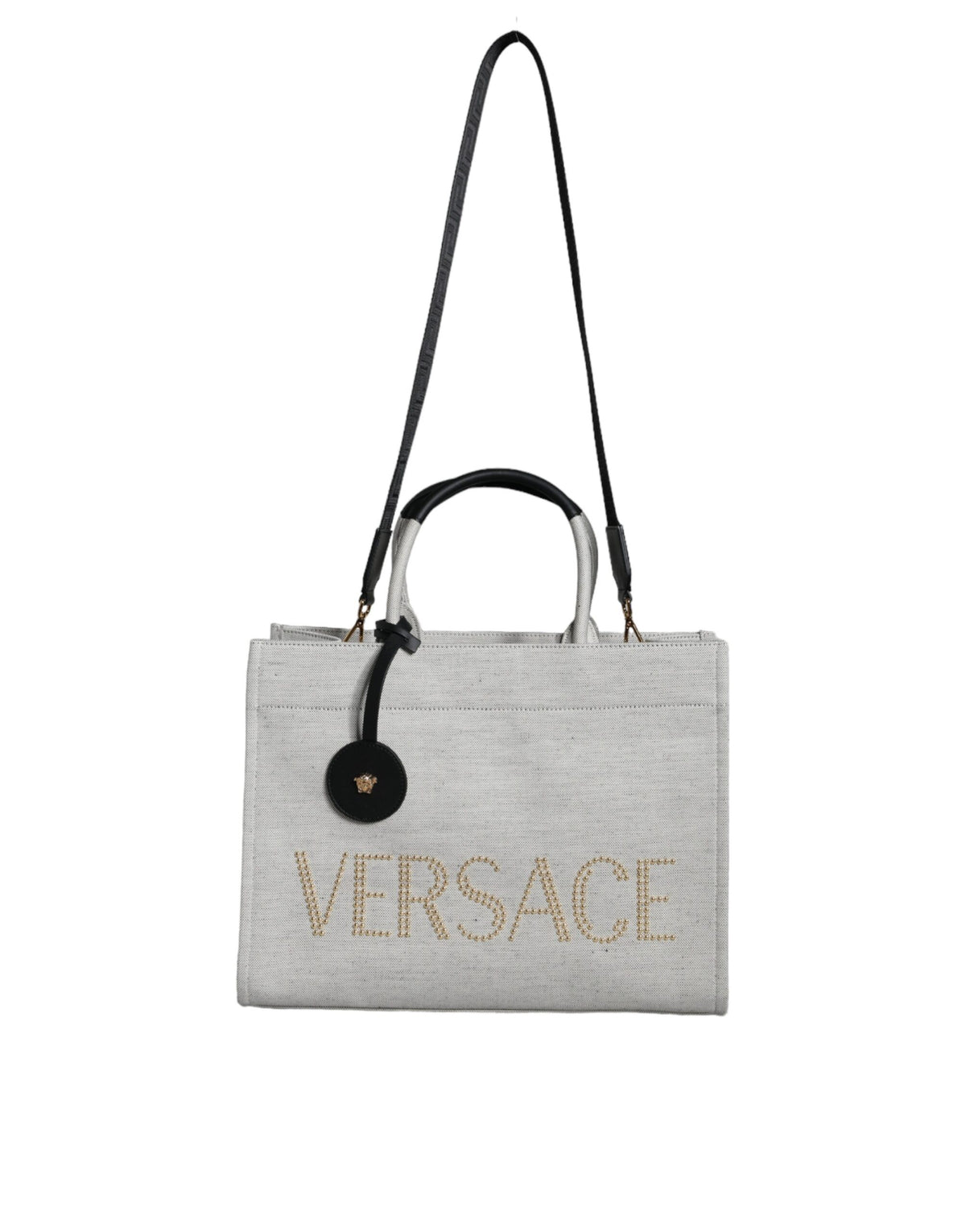 Versace White Top Handle Canvas Leather Logo Crossbody Tote Bag - BrandFit 88