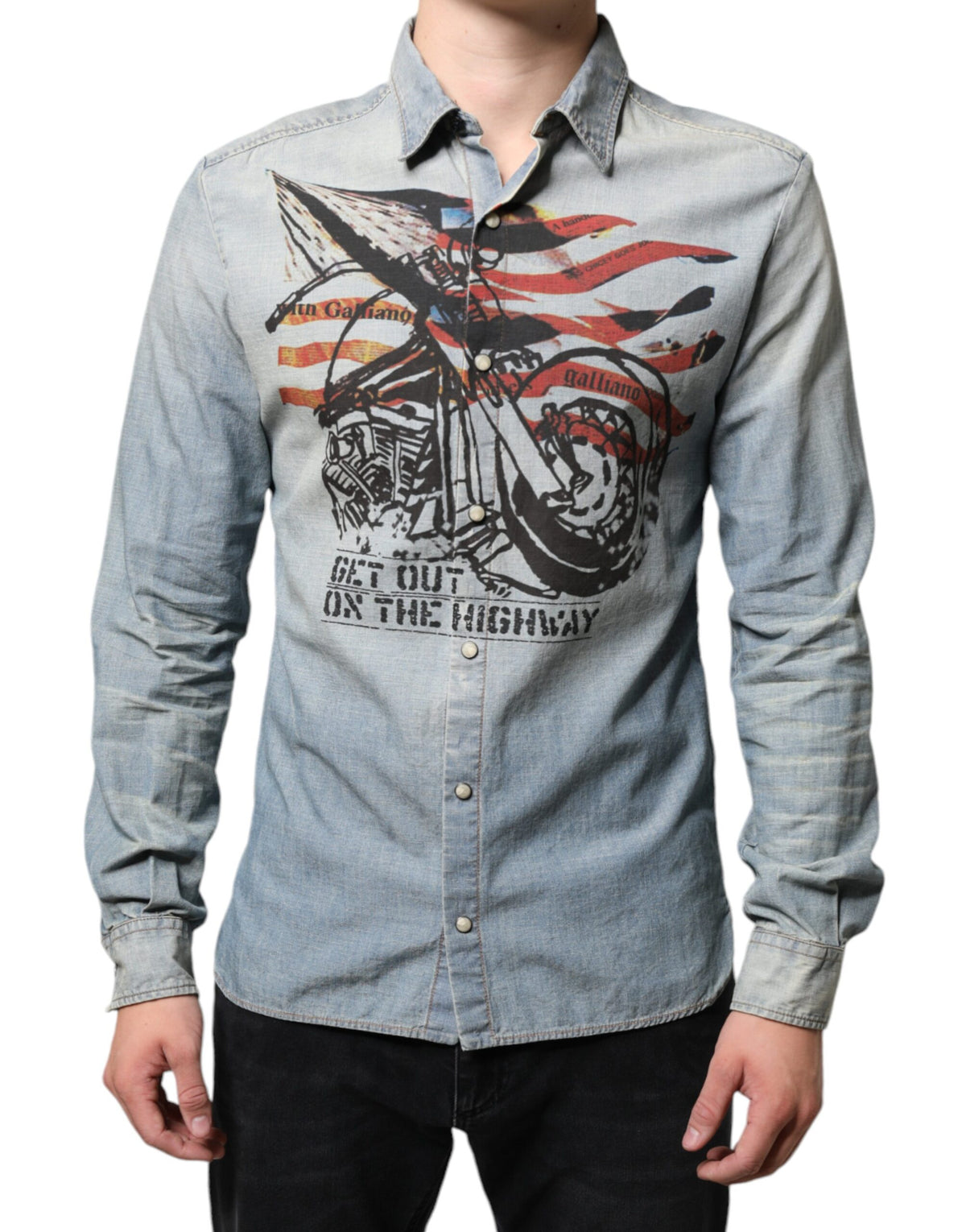 John Galliano Light Blue Printed Cotton Denim Long Sleeves Shirt - BrandFit 88