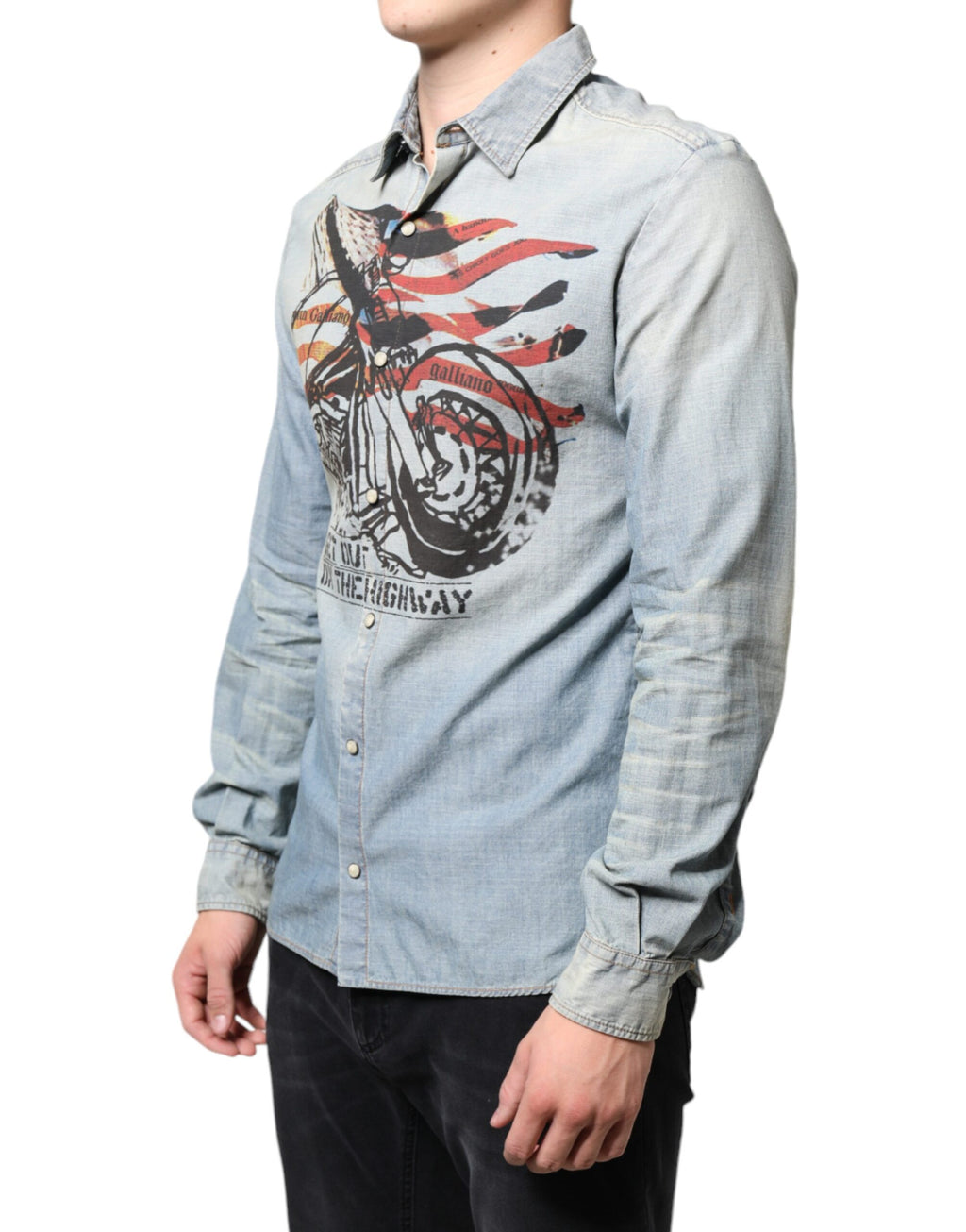 John Galliano Light Blue Printed Cotton Denim Long Sleeves Shirt - BrandFit 88