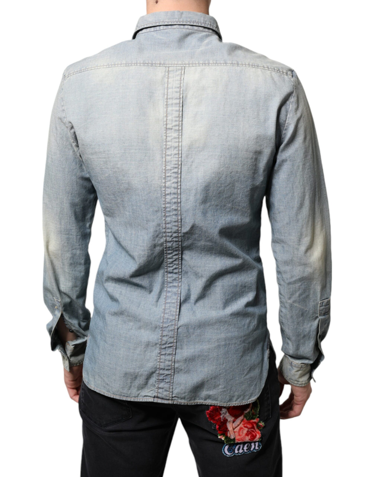 John Galliano Light Blue Printed Cotton Denim Long Sleeves Shirt - BrandFit 88