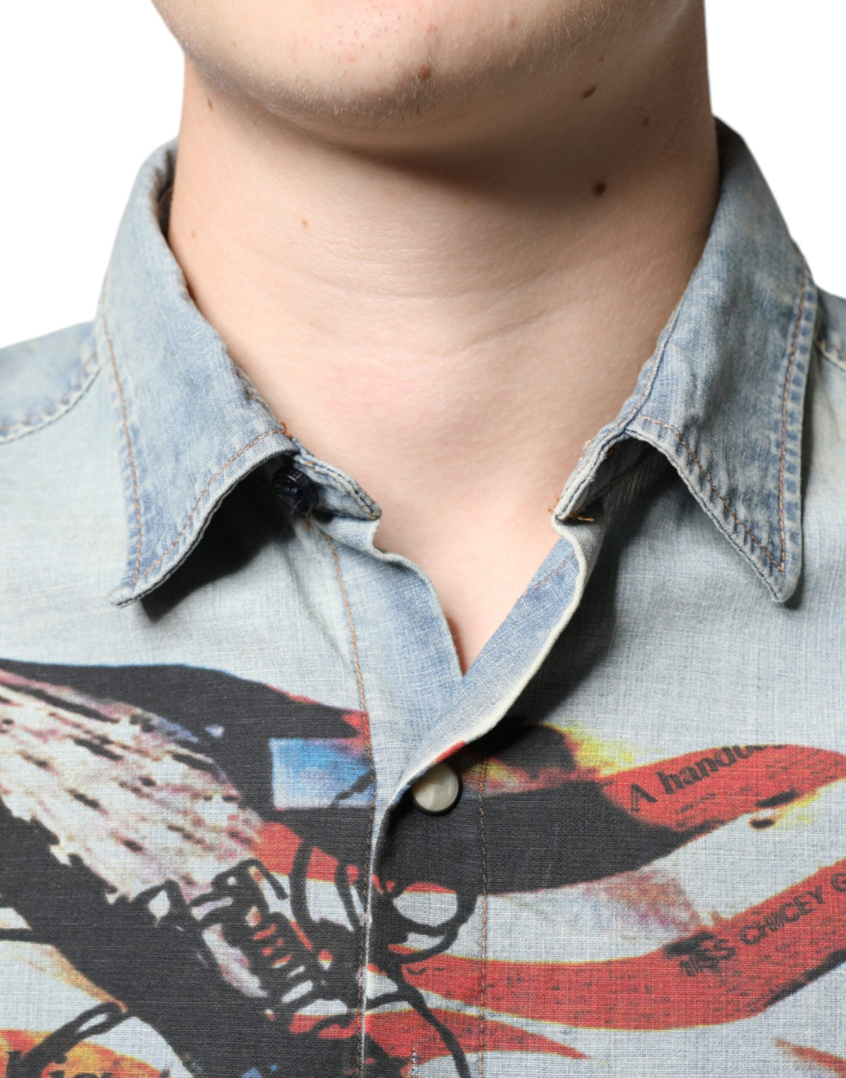 John Galliano Light Blue Printed Cotton Denim Long Sleeves Shirt - BrandFit 88