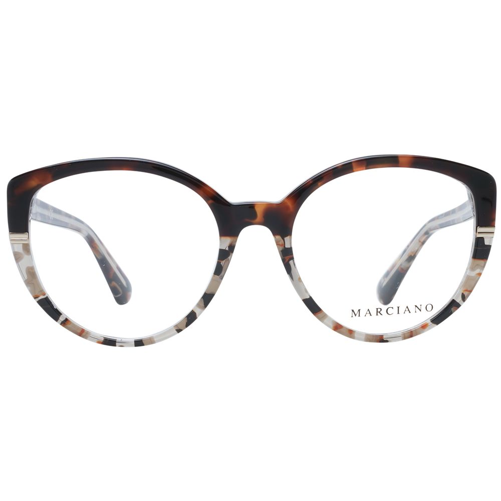 Round cat-eye glasses with a brown plastic frame and clear tortoiseshell pattern. These stylish Marciano by Guess women's eyeglass frames feature the brand name on the lower right lens.