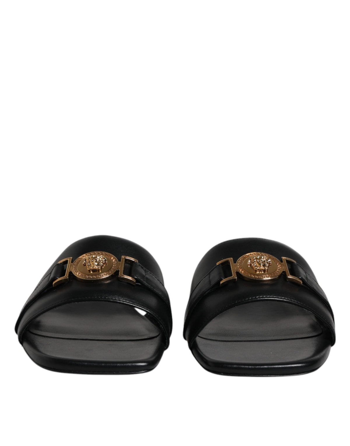 Versace Black Leather Logo Plaque Slip On Slides Flats Shoes - BrandFit 88