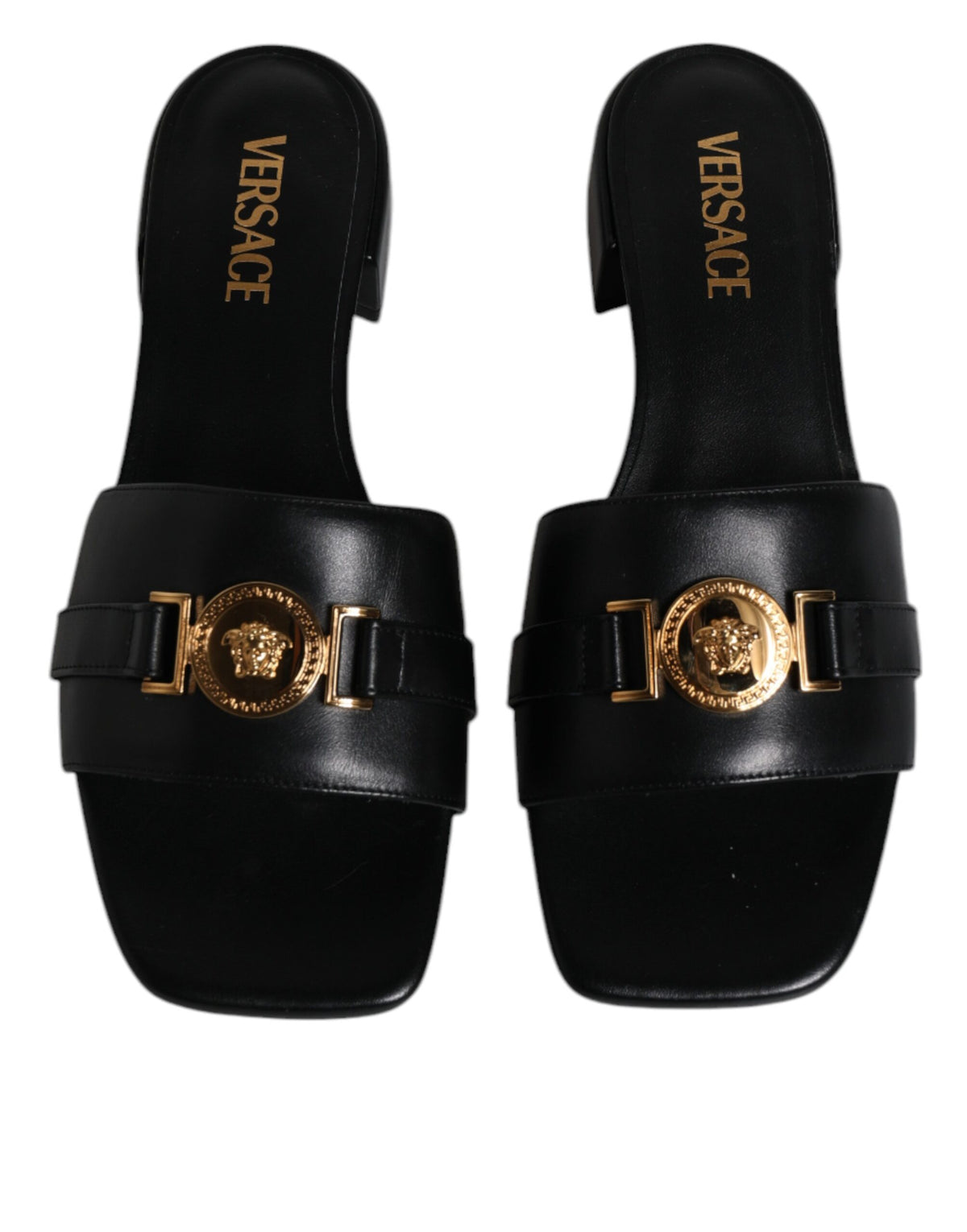 Versace Black Leather Logo Plaque Slip On Slides Flats Shoes - BrandFit 88