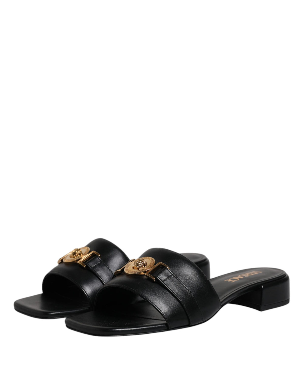 Versace Black Leather Logo Plaque Slip On Slides Flats Shoes - BrandFit 88