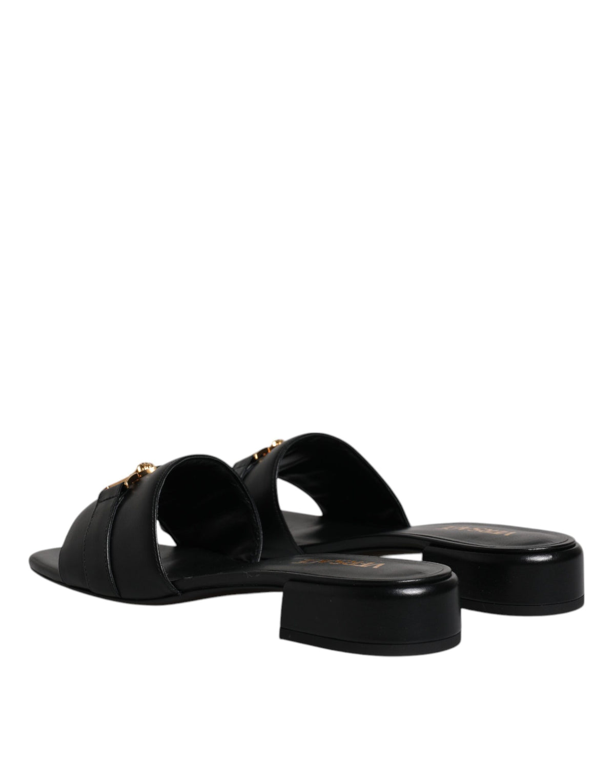 Versace Black Leather Logo Plaque Slip On Slides Flats Shoes - BrandFit 88