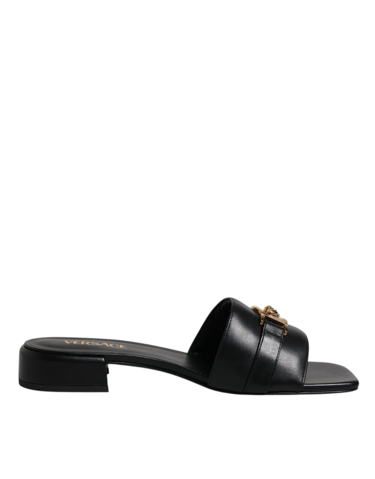 Versace Black Leather Logo Plaque Slip On Slides Flats Shoes - BrandFit 88