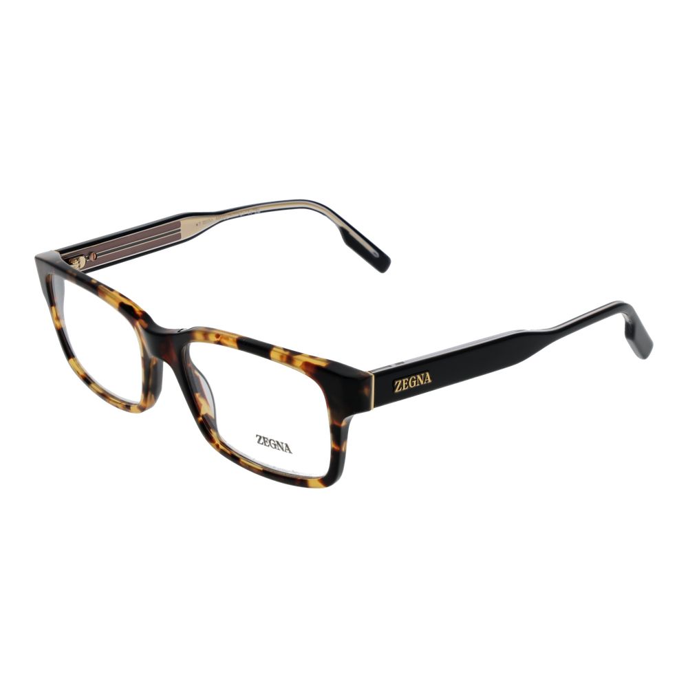 Ermenegildo Zegna Brown Acetate Glasses feature thick tortoiseshell rectangle frames with the ZEGNA name in gold on the temple and lens, displayed against a white background.