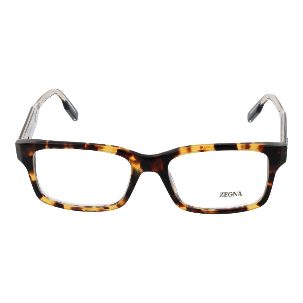 The Ermenegildo Zegna Brown Acetate Glasses feature classic rectangular tortoiseshell frames with clear temple tips and "ZEGNA" on the right lens. These stylish men's eyeglasses are shown against a white background.