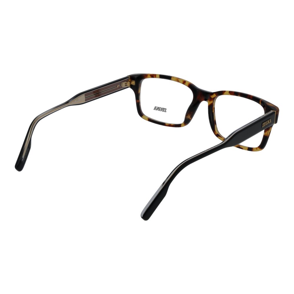 Ermenegildo Zegna Brown Acetate Glasses feature a classic rectangular shape, a tortoiseshell pattern, and are shown angled to highlight both inside and side frame details.