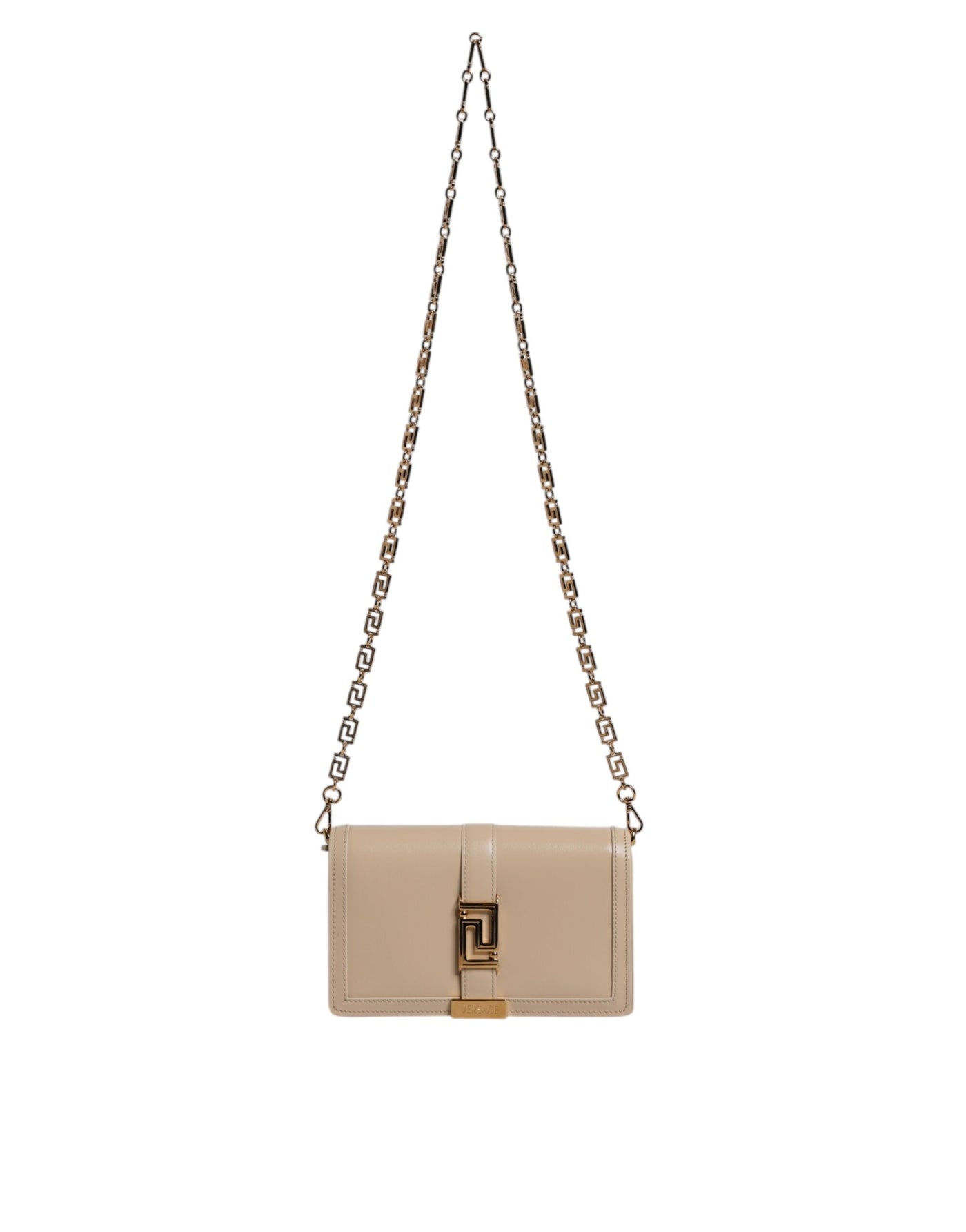 Versace Beige Gold Chain Calf Leather Wallet Crossbody Bag