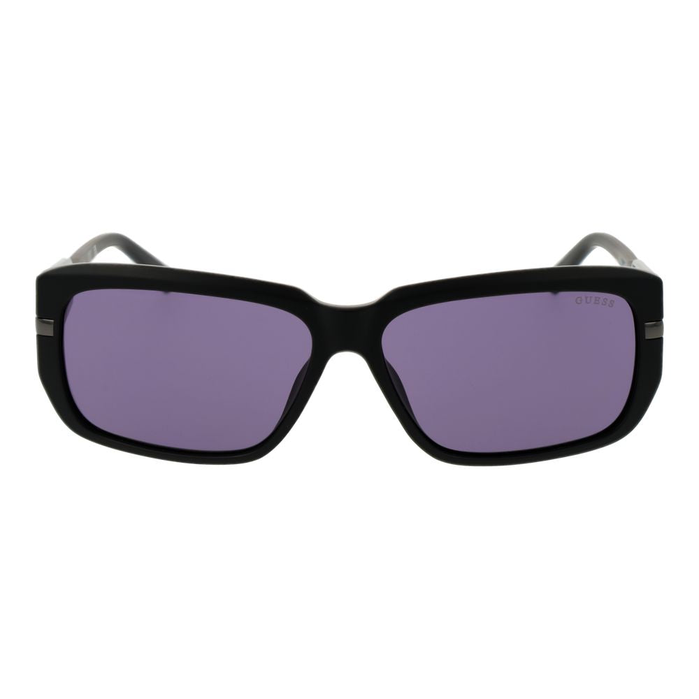 Front view of Guess Black Plastic Sunglasses with a sleek black frame and purple-tinted UV protective lenses, displayed against a white background.