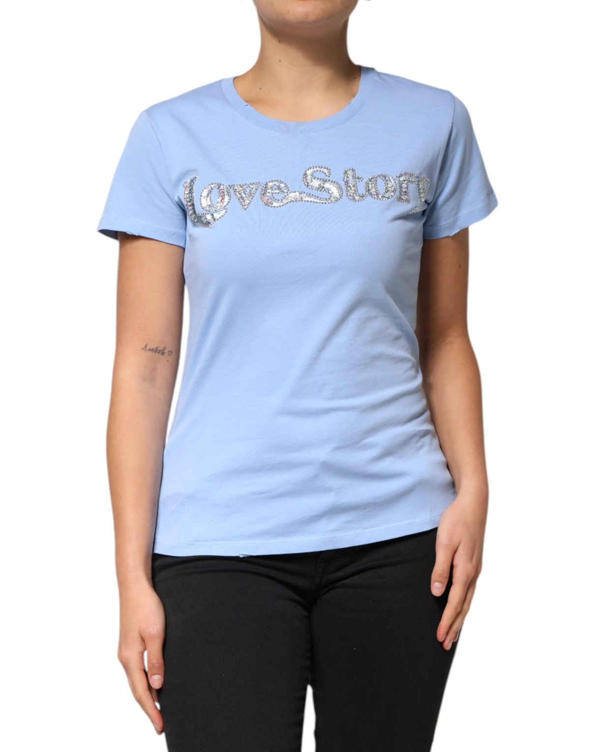 PINKO Blue Love Story Sequined Embellished Short Sleeves T-shirt - BrandFit 88