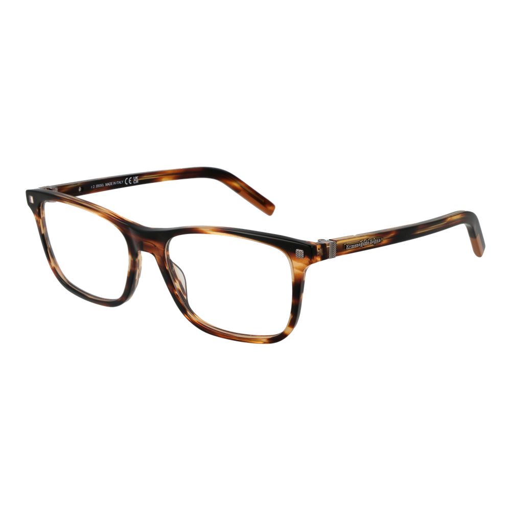 Ermenegildo Zegna Brown Acetate Glasses feature a men's rectangle design with brown and amber tortoiseshell pattern on the frames and arms, shown on a white background.