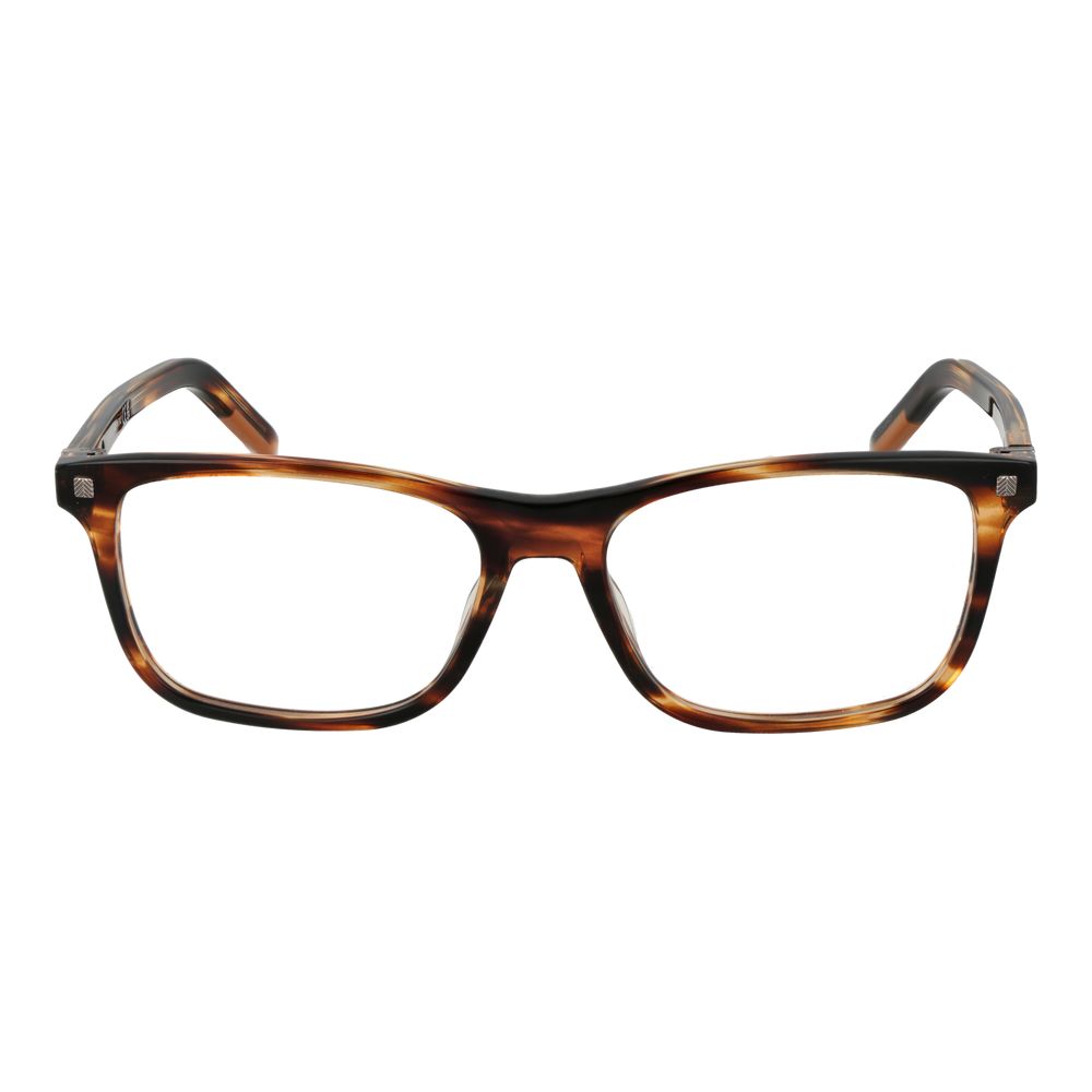 Ermenegildo Zegna Brown Acetate Glasses (Frames), men's rectangular eyeglasses with a brown tortoiseshell frame, shown front-facing on a white background.