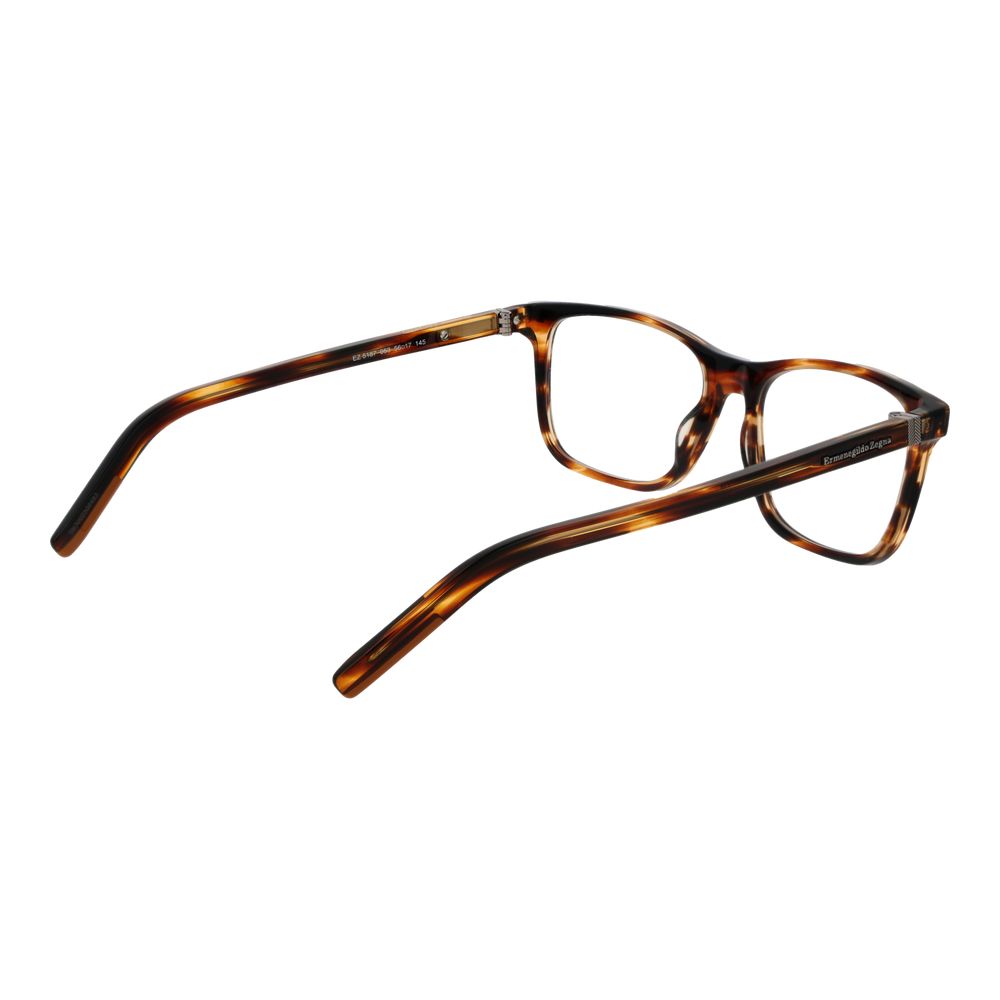 A pair of Ermenegildo Zegna Brown Acetate Glasses (Frames) in a rectangle shape, displayed at an angle to showcase the tortoiseshell side arms and front. The open frames rest on a white background.