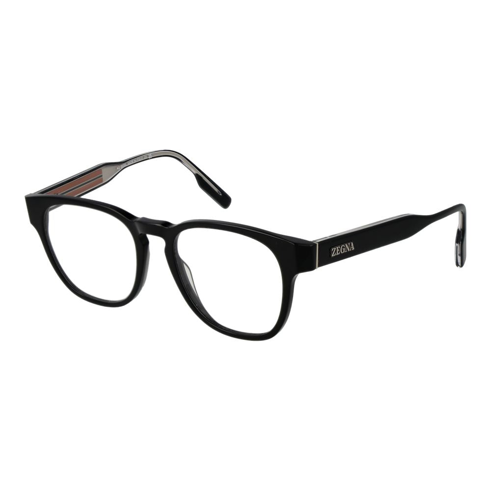 The Ermenegildo Zegna Black Acetate Glasses feature round, thick black frames with clear lenses and the ZEGNA logo on the temples, displayed at an angle on a white background.