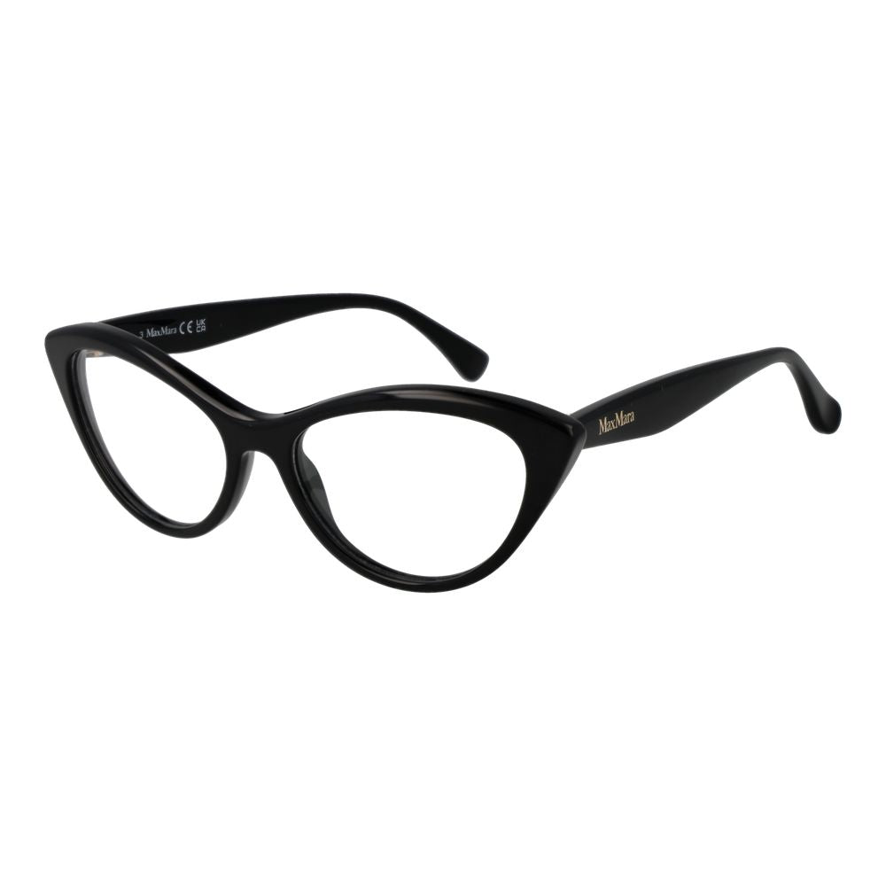 Max Mara Black Acetate Glasses feature cat-eye frames with thick black acetate and upswept corners. The brand name appears subtly on the temple arms, making these women's frames stylish and timeless against a white background.