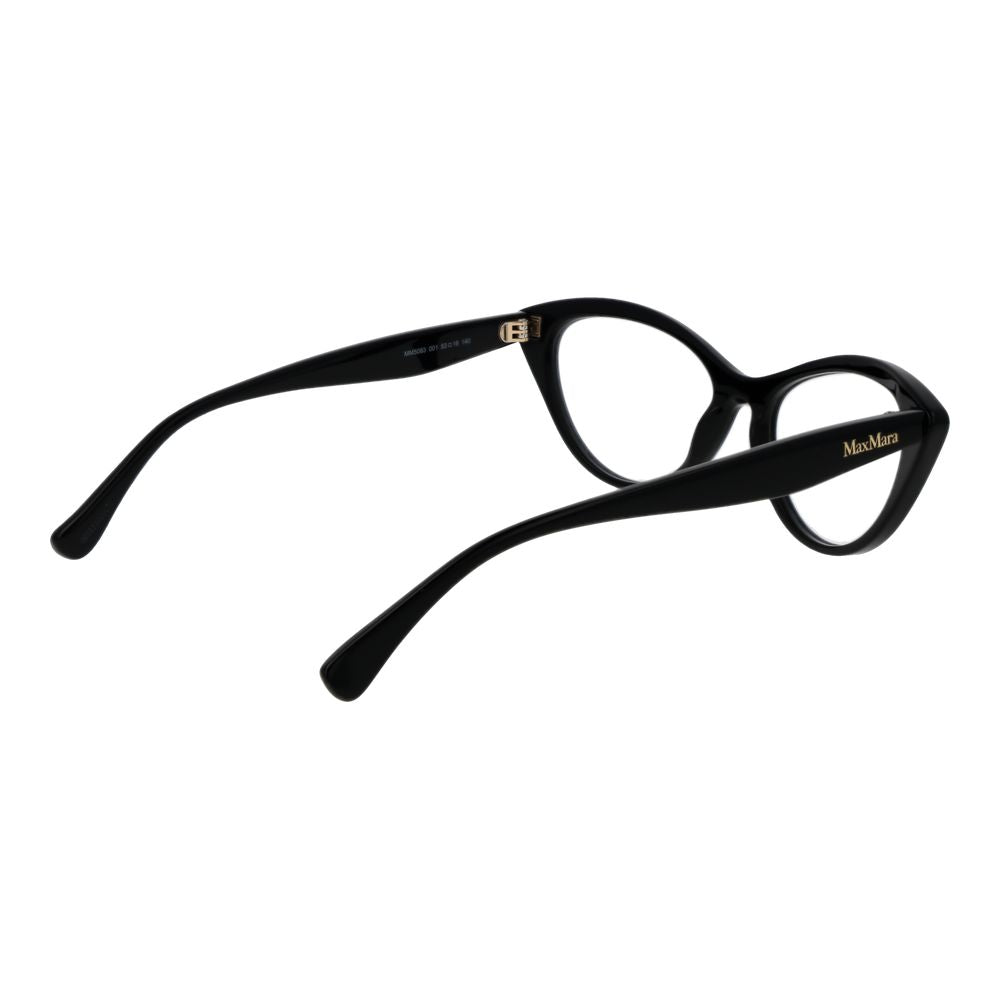 Max Mara Black Acetate Glasses (Frames) feature a cat eye design with glossy black acetate, elegant arms, and a gold Max Mara logo on the temple for a sophisticated look.