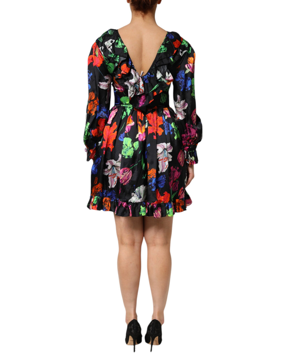 MSGM Dress Black Multicolor Floral Ruffle Long Sleeve Mini Dress