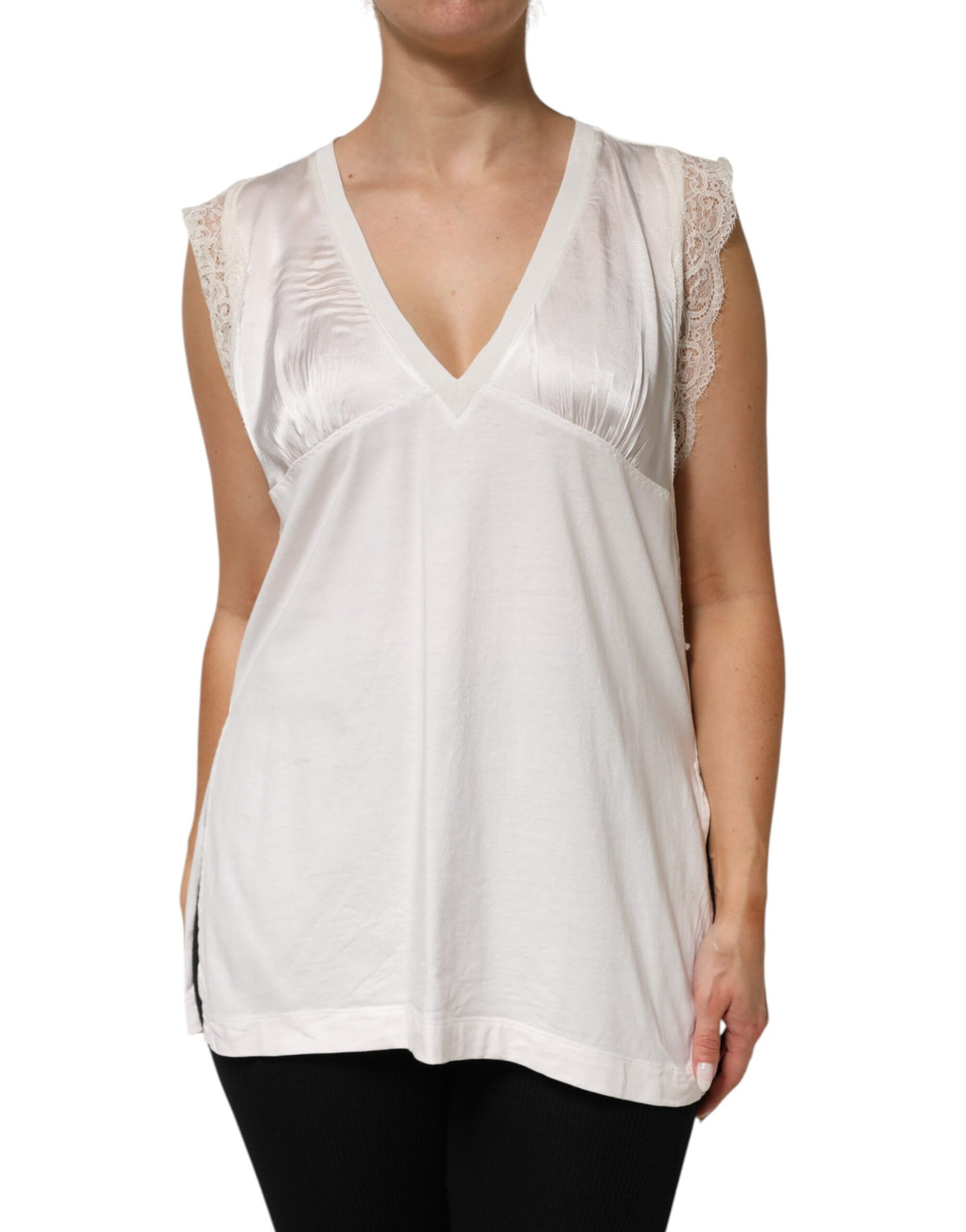 PINKO White Silk Blend Lace Trim Sleeveless V-Neck Women’s Top - BrandFit 88