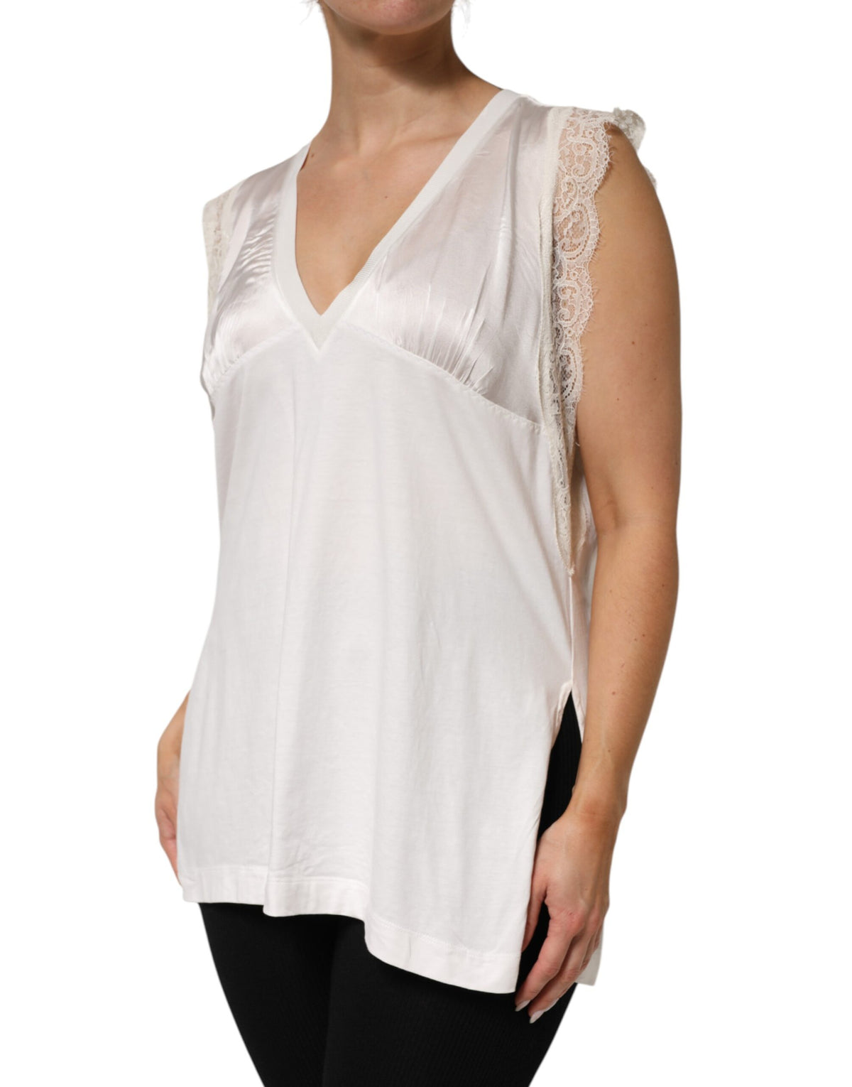 PINKO White Silk Blend Lace Trim Sleeveless V-Neck Women’s Top - BrandFit 88