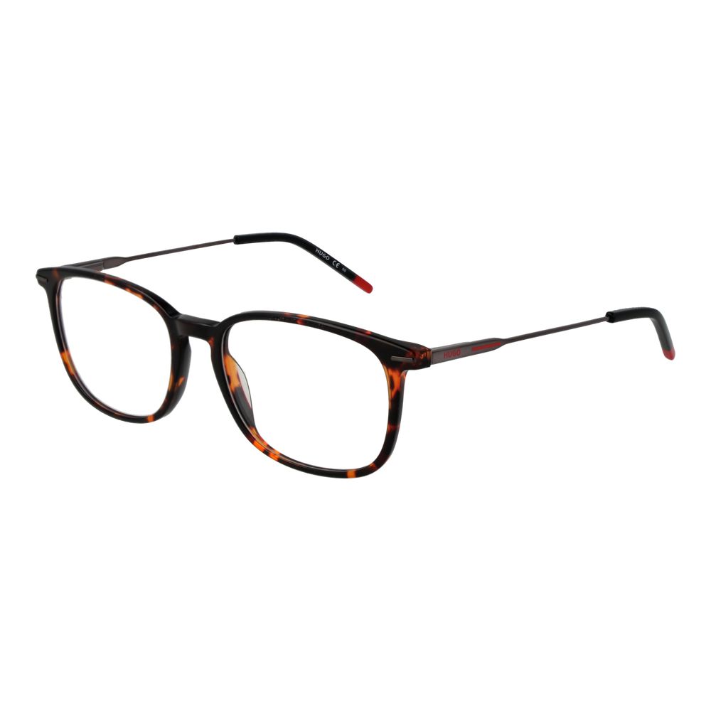 Hugo Boss Brown Acetate Glasses (Frames): Full-rim tortoiseshell rectangle eyeglasses for men with thin black metal arms and small red accents on the tips, displayed on a white background.