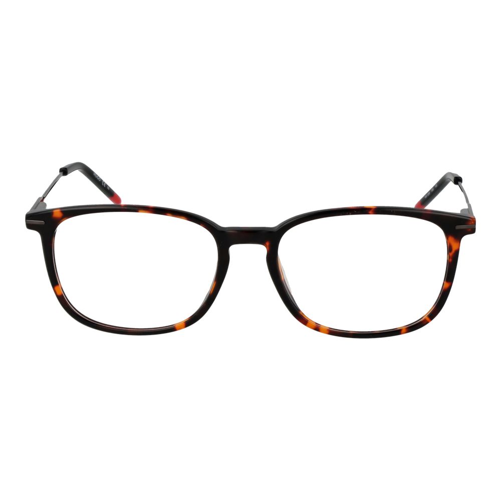A pair of Hugo Boss Brown Acetate Glasses (Frames) for men, featuring full-rim rectangular tortoiseshell acetate frames, shown front-facing on a white background.