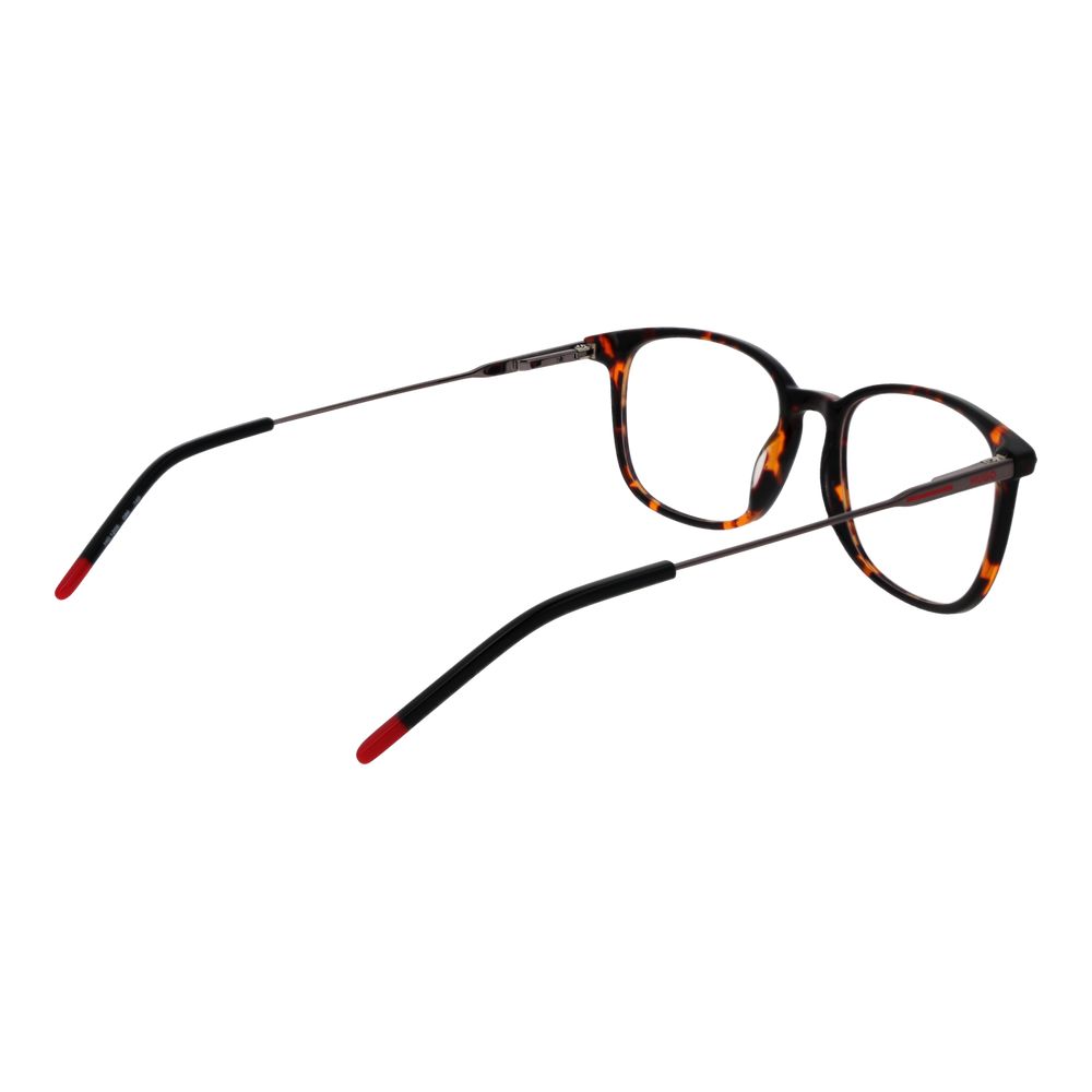 The Hugo Boss Brown Acetate Glasses feature full-rim tortoiseshell-patterned oval frames, thin metal arms, and red-tipped earpieces, displayed on a white background.