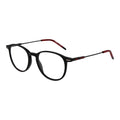 Hugo Boss Black Acetate Glasses (Frames) feature a round panto shape, full-rim black acetate frame, thin black metal arms, and red tips, shown on a white background.