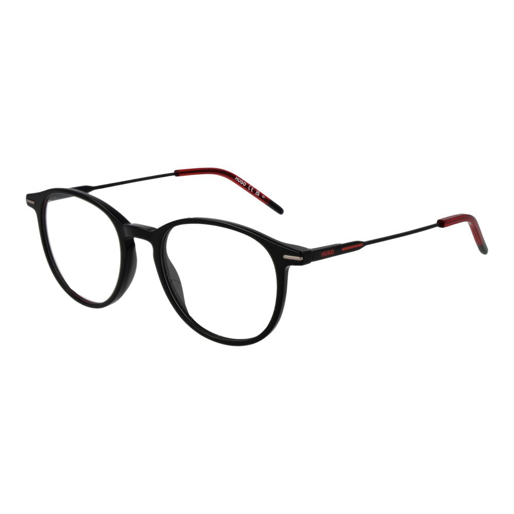 Hugo Boss Black Acetate Glasses (Frames) feature a round panto shape, full-rim black acetate frame, thin black metal arms, and red tips, shown on a white background.