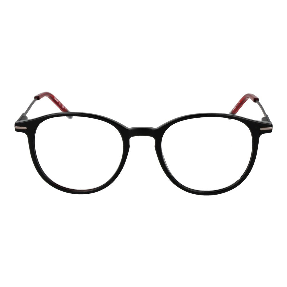 The Hugo Boss Black Acetate Glasses feature round, black full-rim frames with thin acetate construction and striking red temple arms, shown against a white background.