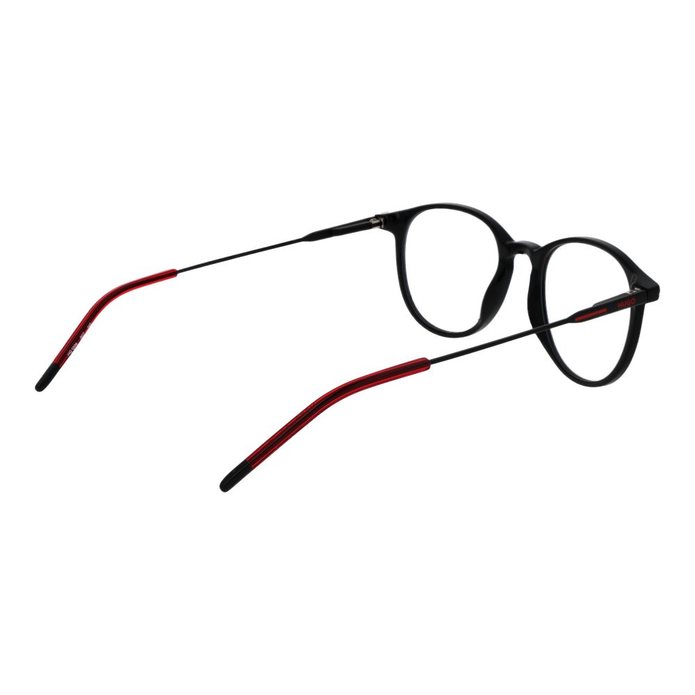 The Hugo Boss Black Acetate Glasses (Frames) are full-rim, round eyeglasses with slim acetate frames and red-and-black temples, displayed from an angled side view.