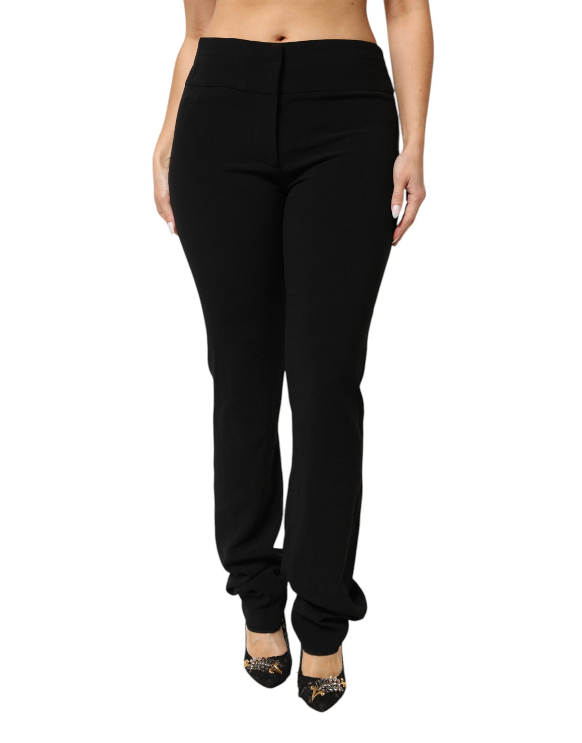 Exte Black Viscose Acetate Blend Straight Leg High Waist Pants