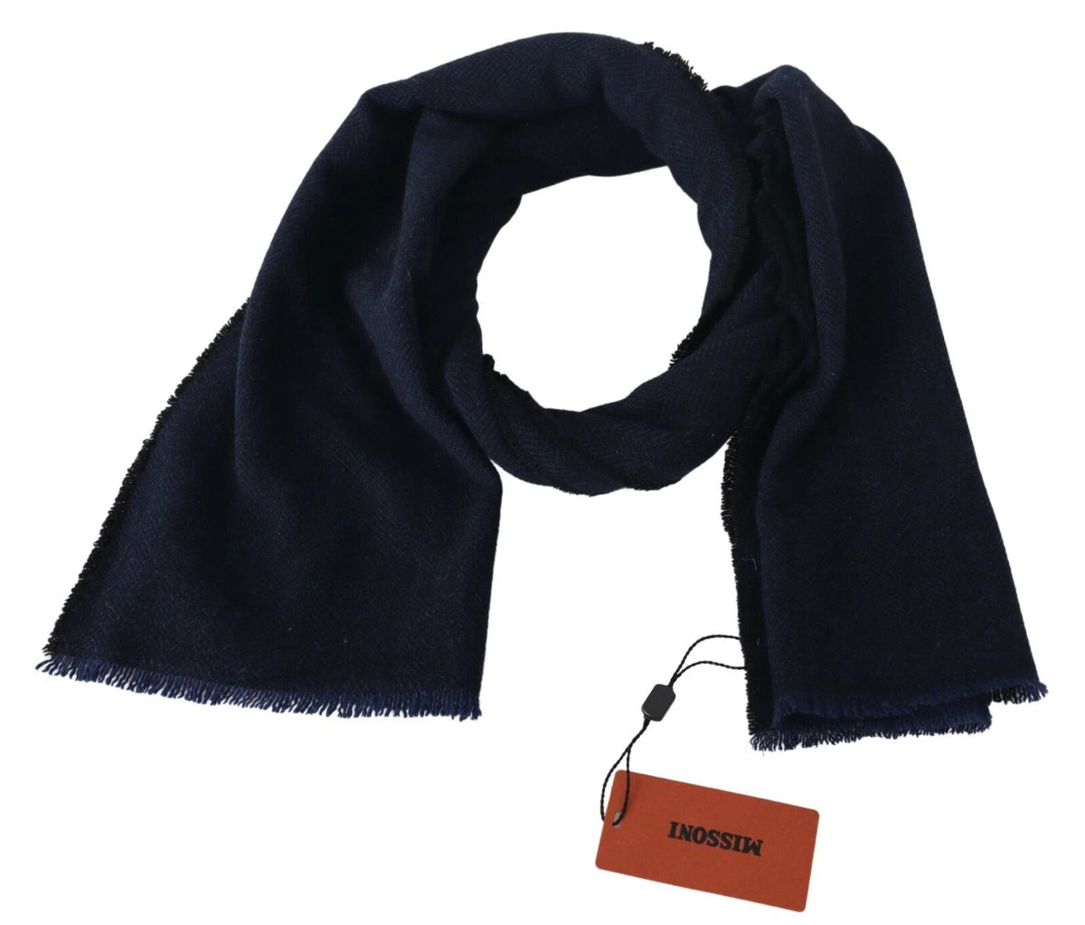 M Missoni Dark Blue Wool Unisex Neck Wrap Fringes Logo Scarf
