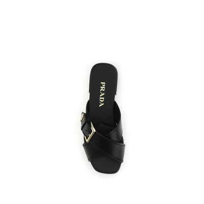Prada Black Calf Leather Bos Taurus Flat Sandals