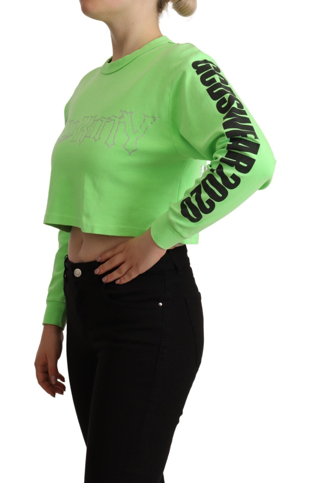 GCDS Mint Green Printed Long Sleeves Cropped Top Sweater